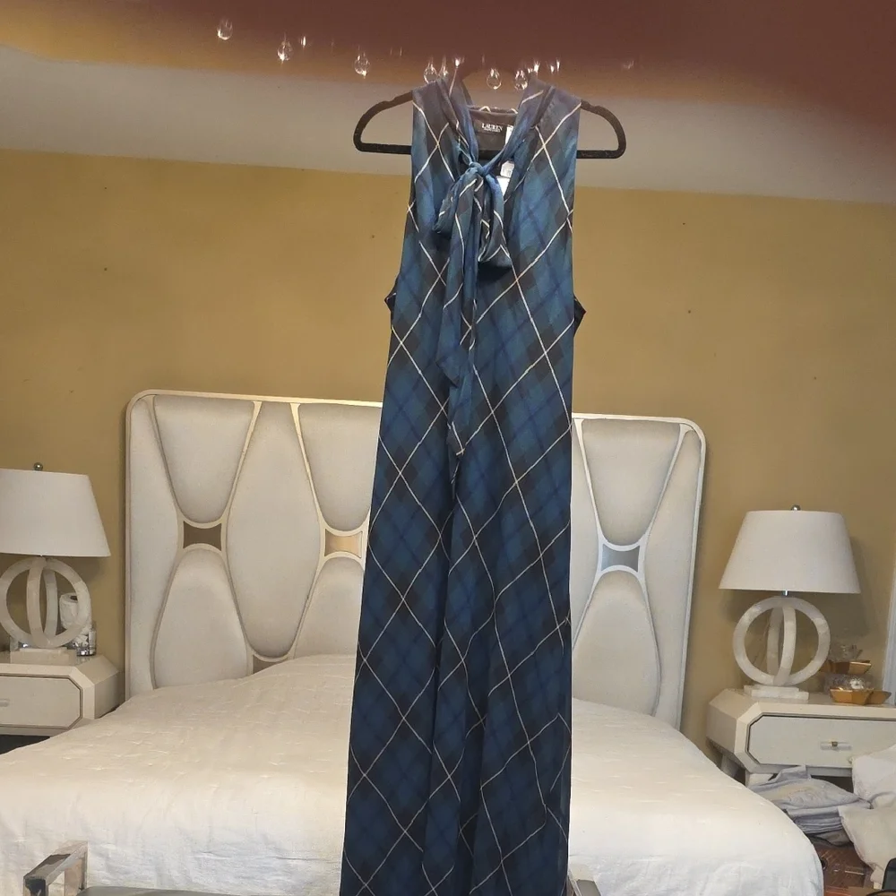 Ralph Lauren Dark Green and Navy Plaid Tie-Neck Maxi Dress with Bow - Picture 6 of 16